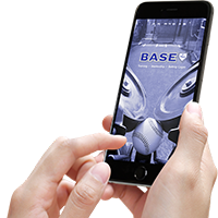 Hands holding phone with BASE by Pros mobile app