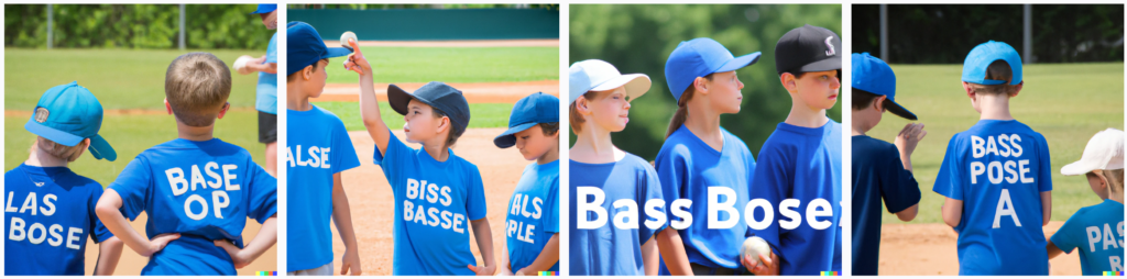 two boys and a girl playing baseball at summer baseball camp wearing blue shirts that say "BASE by Pros"