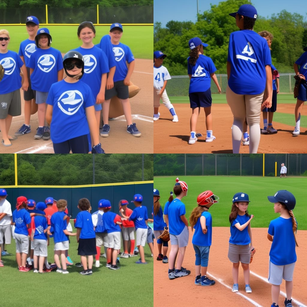 Girls and boys playing baseball at summer baseball camp wearing blue shirts that display a "BASE by Pros" logo