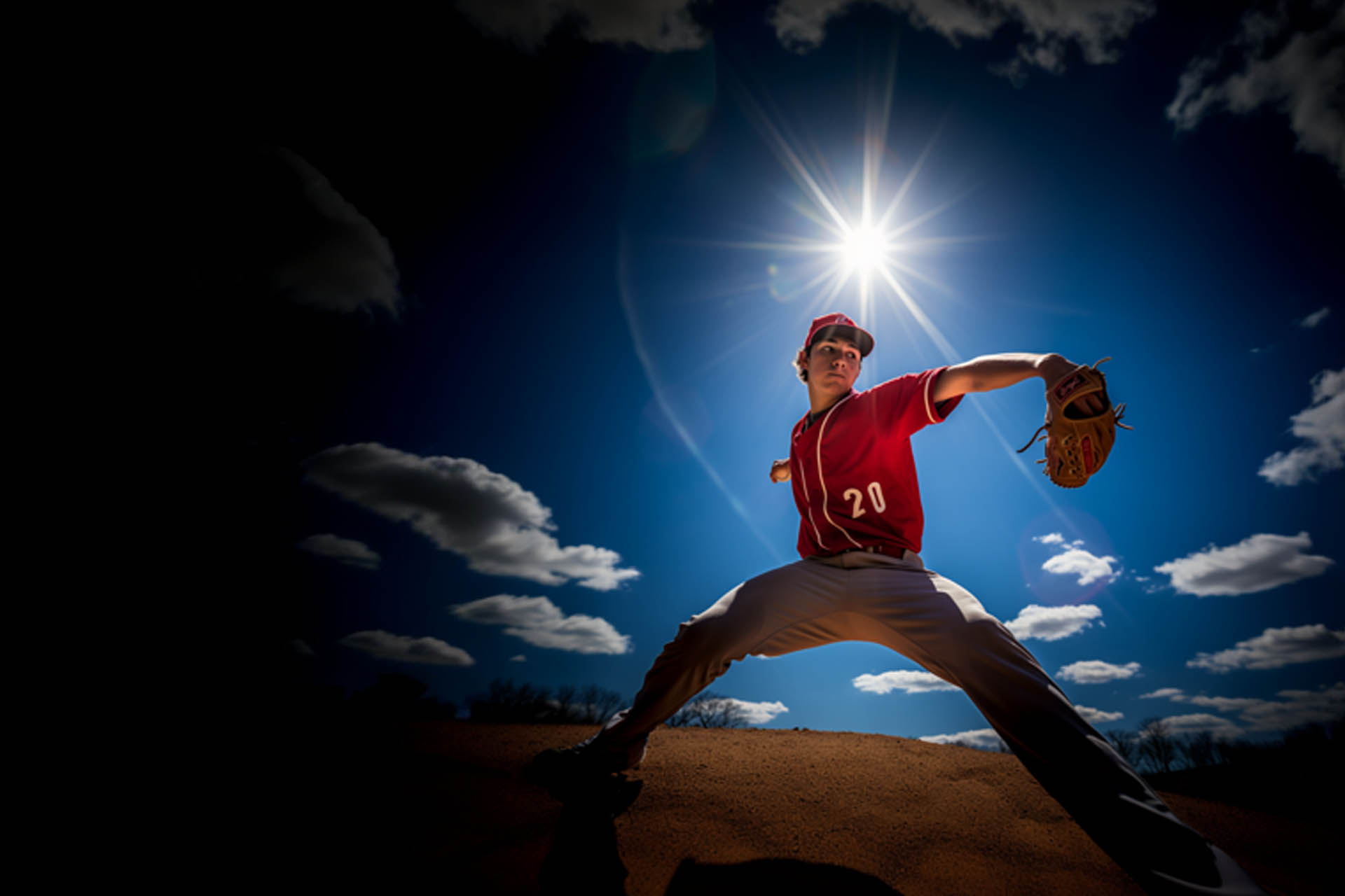 17 year old baseball pitcher throwing hard on a sunny day (AI)