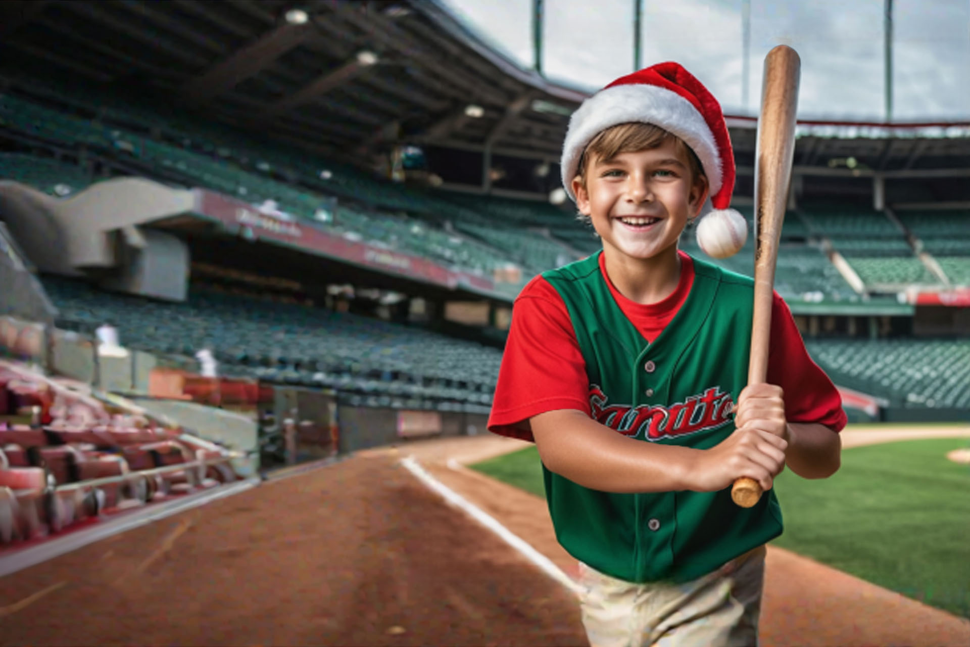 Christmas Boy with Bat in Stadium