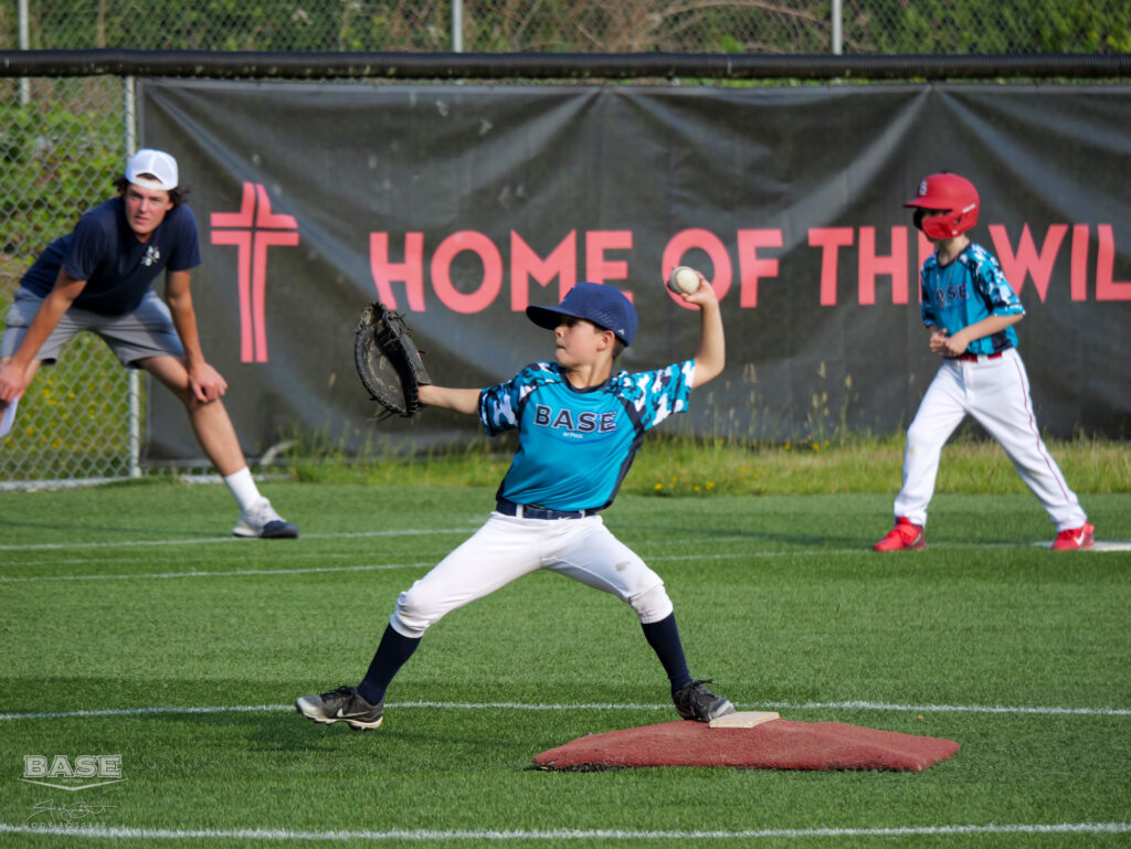 A pitcher delivers at BASE by Pros Summer Sluggers 2023